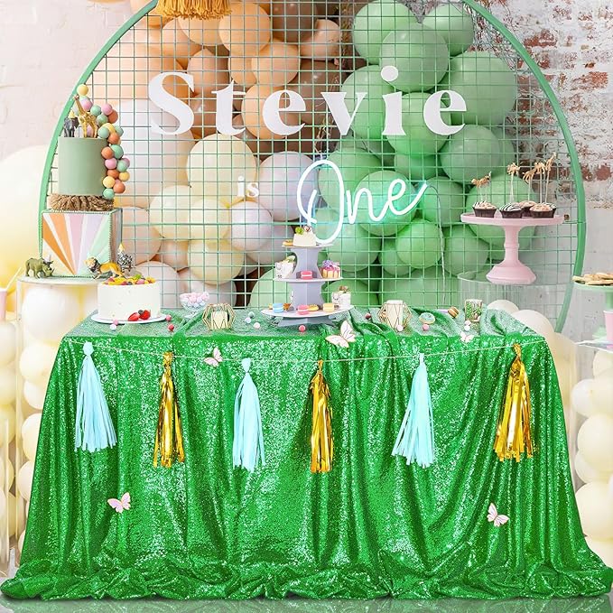 QueenDream 60x102 Inches Green Table Clothes for Parties Birthday Wedding Sequin Tablecloth Cake Table Holiday Banquet Decoration