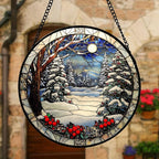 Stained Glass Window Hanging Christmas Tree Winter Snow Night Scenery 7.8" - Suncatcher Door Garden Kitchen Sun Catcher Home Decor Birthday for Mom Men Woman Friend