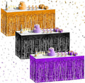 3 Pack Black Dark Purple Orange Table Skirts, 29x108" Metallic Foil Tinsel Fringe Table Skirt for Rectangle Tables Streamer Curtains Backdrop, Party Decorations for Birthdays, Weddings, Holidays
