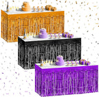 3 Pack Black Dark Purple Orange Table Skirts, 29x108" Metallic Foil Tinsel Fringe Table Skirt for Rectangle Tables Streamer Curtains Backdrop, Party Decorations for Birthdays, Weddings, Holidays