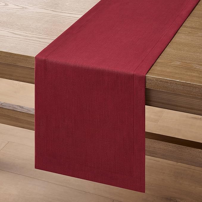 ZeeMart Linen Textured Border Table Runner, 14 x 60 Inch Red, Farmhouse Style Red Table Runners 60 Inches Long, Easy Care Everyday Polyester Table Runner