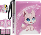 Cute Pink Trading Card Binder 4 Pocket for Girls Gifts - Includes Name Tag & Tab Stickers for Sorting - 440 Pockets Card Binders Zipper Album Book Holder - Baseball Football Sports Tcg Card Case