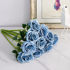 Artificial Rose 10pcs Open Flower Bouquet Faux Rose Stems for Wedding Arrangement, Bridal Bouquet, Centerpiece, Fake Faux Silk Flowers (Dusty Blue)