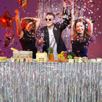 4 Pack Iridescent Table Skirt, Metallic Foil Fringe Tinsel Table Skirts for Rectangle Tables, Disposable Laser Rainbow Table Skirt Iridescent Party Decorations for Birthday Wedding Holiday, 29x108Inch