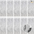 10 Pack Silver Foil Curtain Backdrop 3.2ft x 9.8ft Metallic Tinsel Foil Fringe Curtains Streamer Photo Booth Backdrop for Birthday Party Engagement Bachelorette Party Decorations (Silver)