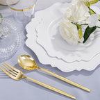 COLOSUS 350pcs White Plastic Plates Disposable Gold Cutlery Dinnerware set for party: 50 Dinner Plate, 50 Dessert Plate, 50 Per Rolled Napkins with Gold Silverware, 50 Cups 9 OZ for Wedding & Party