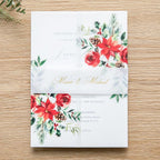 PONATIA 50 PCS 135gsm Vellum Jackets for 5x7 Wedding Invitation Cards- Christmas Red Floral Printed Vellum Sleeves, Invitation Cards Wraps, Christmas Cards Jackets