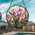 Stained Glass Window Hanging - Pink Phalaenopsis Orchid Green Leaves Sun Catcher for Door Home Decor Flower Suncatcher Christmas Mother's Day Birthday Gifts for Women Men Mom Nana 11.8 in