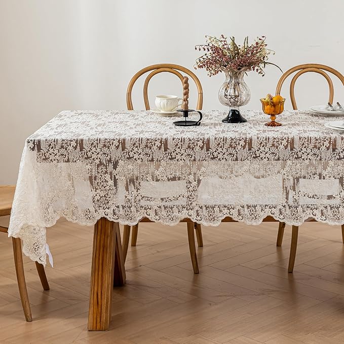 Lace Embroidered Tablecloth. Square Lace Vintage Tablecloth Dustproof Table Protector for Kitchen Dining Room Party Banquet Home Picnic Wedding Decoration (Creamy White 35.5×53 inch)