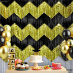 KatchOn, Black and Gold Fringe Backdrop Curtain - XtraLarge 6.6x1.7 Feet, Pack of 6 | Graduation Backdrop for Graduation Decorations 2025 | Fringe Curtain for Birthday Decorations | Prom Decorations