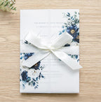 PONATIA 50PCS Vellum Jackets for 5x7 Invitation Cards- 135GSM Navy Blue Flowers Printed Wedding Invitations Wraps - Transparent Christmas Gift Cards