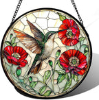 Stained Glass Window Hanging - Green Hummingbird Red Flower Suncatcher for Door Terrace Garden Home Decor Bird Landscape Sun Catcher Birthday Gifts for Lovers Women Men Dad Mom Nana 9.8 in