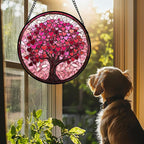 Stained Glass Window Hanging - DASTOLL, Birthday Gifts for Women Men Mom Dad, Pink Love Tree Suncatcher for Doors Window Home Sun Catchers Decor 7.8 in