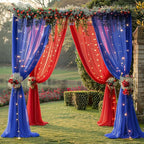 10×10ft Royal Blue Red Tulle Backdrop Curtain with Lights String for Parties, Sheer Photo Backdrop Curtains for Wedding Party Photography Background
