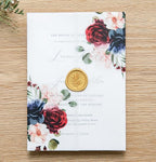PONATIA 50 PCS 135gsm Vellum Jackets for 5x7 Invitation Cards - Burgundy and Navy Blue Flowers Printed Vellum Sleeves, Wedding Invitation Cards Wraps, Transparent Christmas Gift Cards Jackets