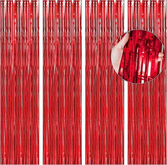 BTSD-home Red Foil Fringe Curtain, Metallic Photo Booth Backdrop Tinsel Door Curtains for Wedding Birthday Bridal Shower Baby Shower Bachelorette Christmas Party Decorations(4 Pack, 8ft x 3ft)