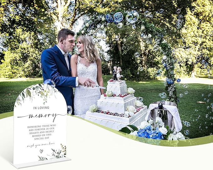 Greenery In Loving Memory Sign, 6 x 8 Inch White Arch Acrylic Wedding Sign with Holder, Wedding Sign for Ceremony and Reception, Wedding Decoration, Wedding Supplies - LY05