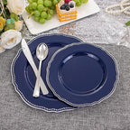 Hioasis 60pcs Blue Plastic Plates - Blue and Silver Disposable Dinnerware with Gold Rim, Heavy-duty, 10.25 inch, Dinner Plates for Party & Wedding