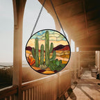 Stained Glass Window Hanging, Green Cactus Sun Catcher for Door Terrace Garden Home Decor, Abstract Desert Landscape Suncatcher Birthday Gifts for Lovers Women Men Dad Mom Nana 15 in