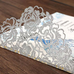 DORIS HOME 50pcs Laser Cut Quinceanera Invitation Pockets with Envelopes Silver Glitter, 5.12" x 7.12"Invitation Cards for Birthday, Miss 15, Sweet 16 (No Inserts Included)