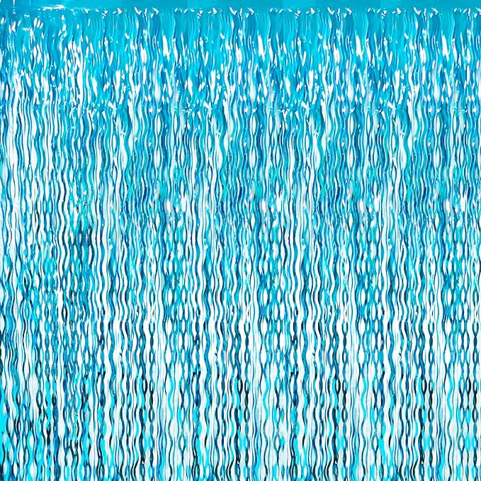 GOER 3.2 ft x 6.5 ft Metallic Tinsel Foil Fringe Curtains Party Photo Backdrop Party Streamers for Birthday,Graduation,New Year Eve Decorations Wedding Decor (1 Pack,Wavy Light Blue)
