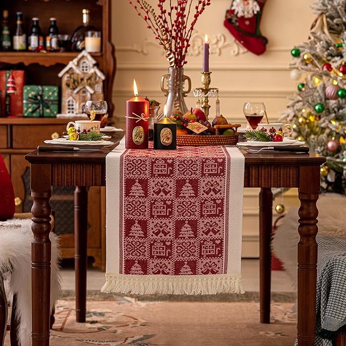 Table Runners 48 Inches,Christmas Tree Table Runner with Tassel Fringe, Gift Table Runner for Party，Coffee Table, Festival
