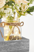 Mkono Mason Jar Lights Centerpiece Table Decor for Dining Room Farmhouse Wood Tray with 3 Jars Flowers Center Pieces Spring Decor for Coffee Table Kitchen Living Room, Grey Blue