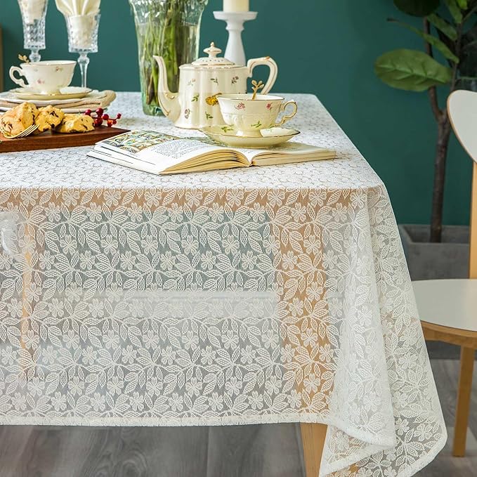 Lace Tablecloth Leaf Pattern Warp Knitting Fabric Solid White Rectangle/Oblong Table Cover for Kitchen Dining Farmhouse Wedding Party Decor Ivory, 55x120 Inch