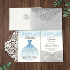 DORIS HOME 50pcs Laser Cut Quinceanera Invitation Pockets with Envelopes Silver Glitter, 5.12" x 7.12"Invitation Cards for Birthday, Miss 15, Sweet 16 (No Inserts Included)
