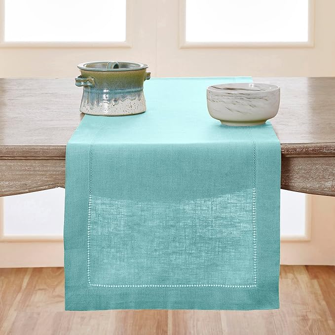Solino Home Linen Aqua Blue Table Runner 72 Inches Long - 100% Pure Linen Hemstitch Table Runner 14 x 72 Inch for Dresser, Dining - Classic Hemstitch