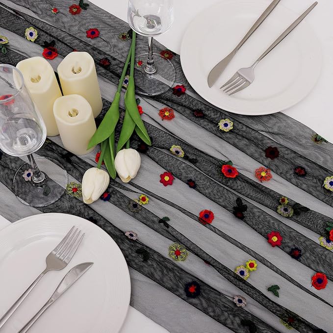 BINBE 1pcs Black Daisy Fall Table Runner Embroidery Gauze 10FT Florals Seasonal Tulle Holiday Birthday Kitchen Dining Table Decor for Home Party