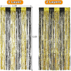 4 Pack Black and Gold Wavy Foil Fringe Curtains Pirthday Decorations,3.3 ft x 6.6 ft Metallic Foil Curtains Streamers for Party Photo Booth Props Background Decoration