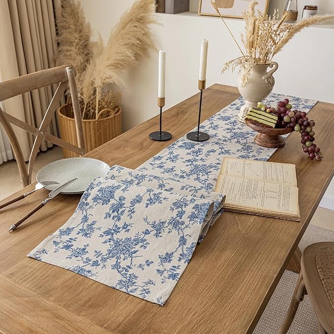Pastoral Table Runner - 14 x 36 Inch Rectangle - Beige Linen - Washable Tabletop with Dust-Proof Wrinkle Resistant for Restaurant, Picnic, Indoor and Outdoor Dining, Floral (Dark Blue)