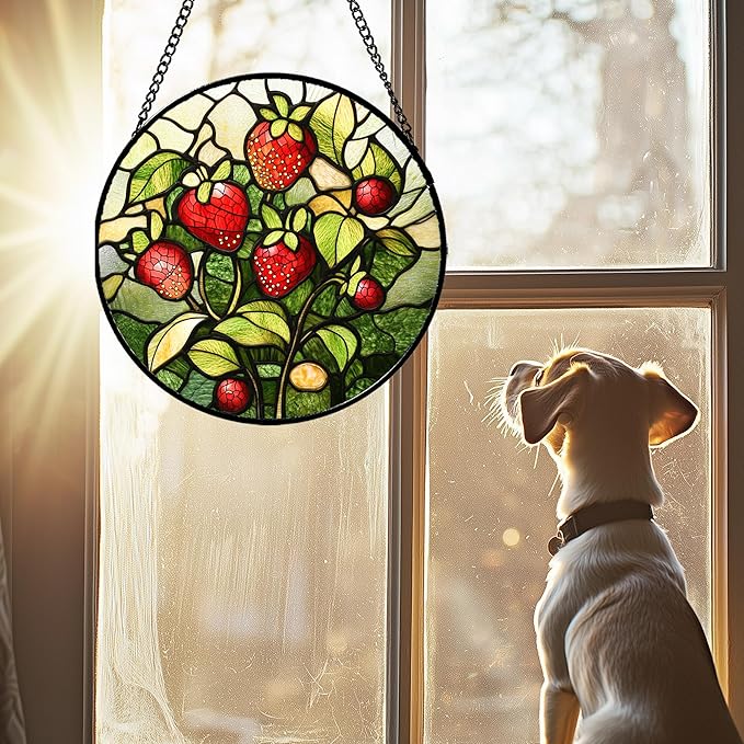 Stained Glass Window Hanging - Red Strawberry Suncatcher for Doors Window Home Green Plant Sun Catchers Decor Christmas Mother's Day Birthday Gifts for Teacher Women Men Mom Nana 11.8 in
