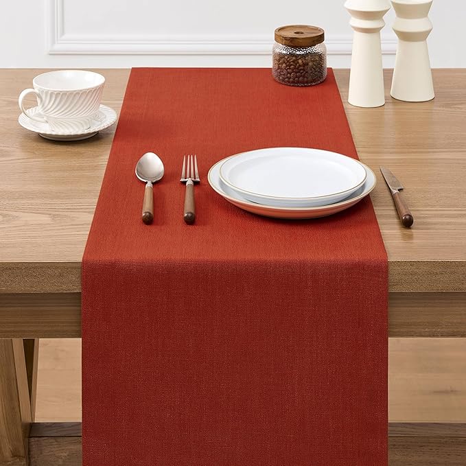 ZeeMart Linen Textured Border Table Runner, 14 x 48 Inch Orange, Farmhouse Style Burnt Orange Fall Table Runners 48 Inches Long, Easy Care Everyday Polyester Table Runner