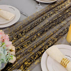 Snowkingdom 10 Pcs Black & Gold Cheesecloth Table Runner 10 FT, Sheer Chiffon Sparkle Gauze Mesh Runners 120 Inch, Glitter Table Centerpieces Decoration for Birthday Party Wedding Christmas Halloween