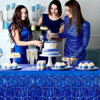 2 Pack Dark Blue Table Skirts, 29x108" Metallic Foil Tinsel Fringe Table Skirts for Rectangle Tables Streamer Curtains Backdrop, Party Decorations for Birthdays Weddings Holidays