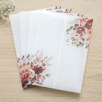 PONATIA 50PCS Vellum Jackets for 5x7 Invitation Cards- 135GSM Burnt Orange Floral Printed Vellum Sleeves, Quinceanera Wedding Invitation Cards Wraps, Transparent Christmas Gift Cards Jackets