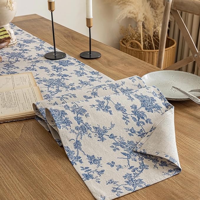 Pastoral Table Runner - 14 x 48 Inch Rectangle - Beige Linen - Washable Tabletop with Dust-Proof Wrinkle Resistant for Restaurant, Picnic, Indoor and Outdoor Dining, Floral (Dark Blue)