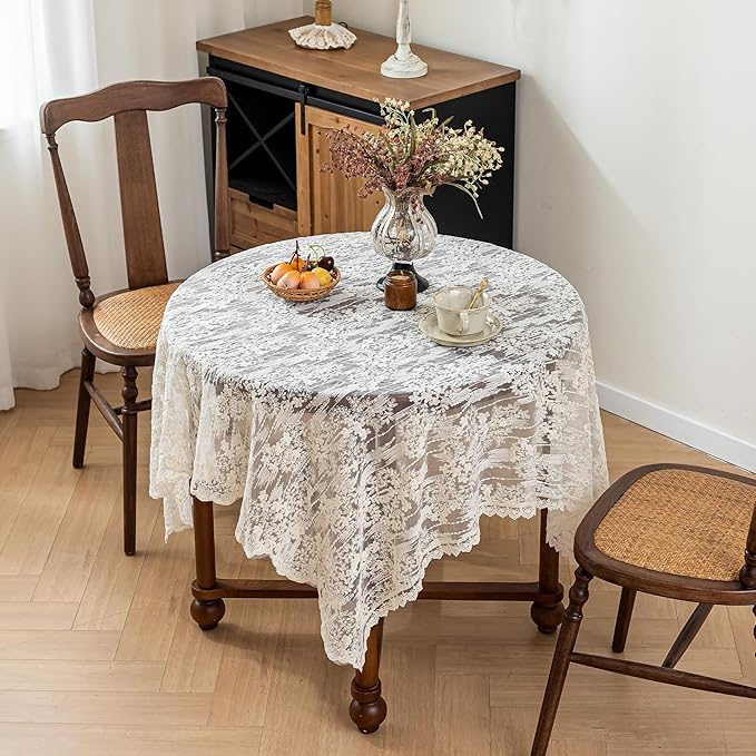 Lace Embroidered Tablecloth. Rectangle Lace Vintage Tablecloth Dustproof Table Protector for Kitchen Dining Room Party Banquet Home Picnic Wedding Decoration (Creamy White 70.5×53 inch)