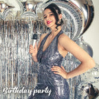 24 Pack Silver Metallic Foil Fringe Curtains, 3.2ft x 8.2ft Foil Fringe Curtain Backdrop Foil Streamers Party Supplies Tinsel Curtain Backdrop for Parties/Birthday/Halloween/Photo Booth