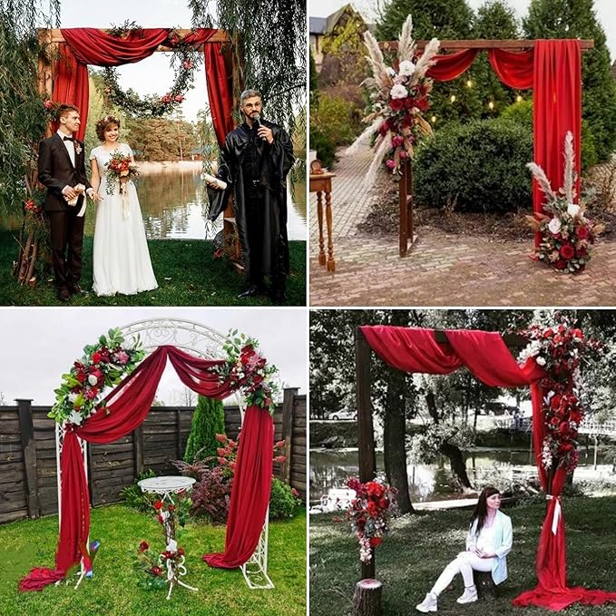 6 Panels Red Wedding Arch Drapery 28" x 20Ft Wedding Arch Draping Fabric Chiffon Fabric Drape Sheer Backdrop Curtain for Weddings Outdoor Party Ceremony Birthday Arbor Drapery Reception Ceiling Décor