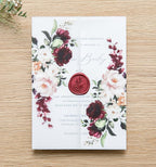 PONATIA 50 PCS Vellum Jackets for 5x7 Invitations- 135gsm Burgundy Floral Printed Vellum Sleeves, Quinceanera Wedding Invitation Cards Wraps