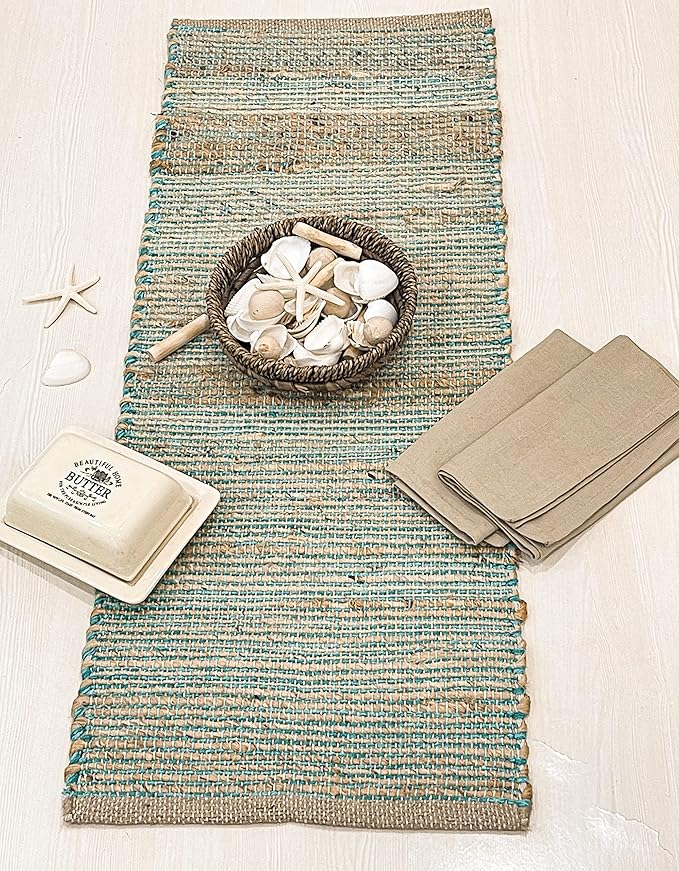 Chardin home Natural Jute Table Runner 13x48 Inch – Vintage Boho Rustic Table Decor – Handwoven Table Runner in Natural Jute and Aqua Turquoise – Farmhouse Dining or Console Table Accent