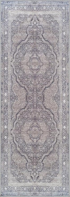 Bloom Rugs Washable Non-Slip 10 ft Runner - Blue/Steel Gray/Beige Traditional Medallion Runner for Entryway, Hallway, Bathroom, and Kitchen - Exact Size: 2.5' x 10'