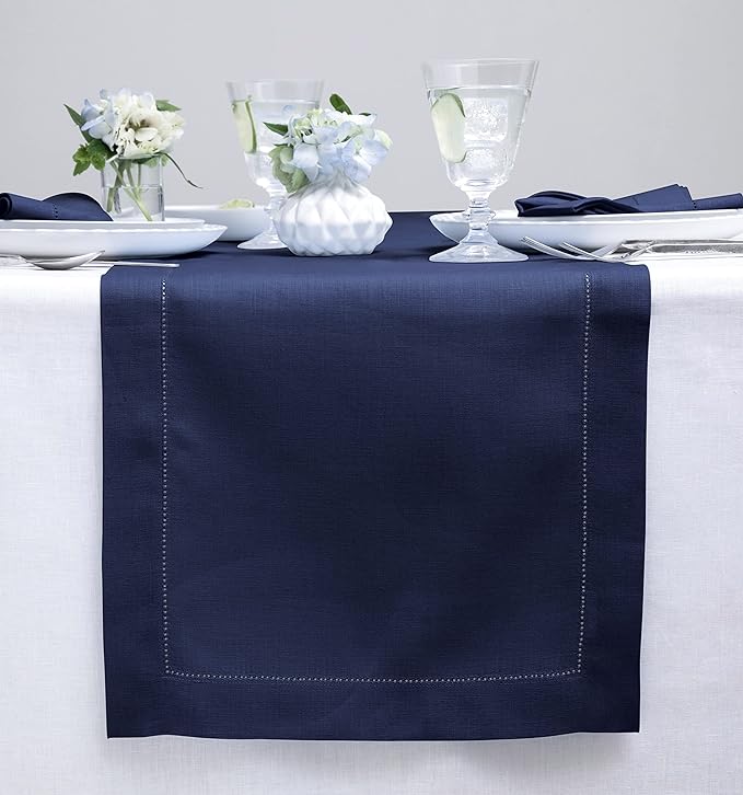Solino Home Linen Navy Blue Table Runner 36 Inches - Classic Hemstitch, 100% Pure Linen Coffee Table Runner 14 x 36 Inch Ideal for Dresser Tables - Fall, Autumn, Halloween, Thanksgiving, Christmas