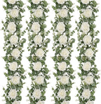 Dolicer 4Pcs 26Ft Artificial Eucalyptus Garlands with Flowers - 8 Roses, Faux Floral Greenery Garlands Fake Flowers Vines for Wedding Table Centerpieces Arch Party Ceremony Backdrop Decor (White)