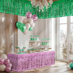 2 Pack Light Pink Green Table Skirts, 29x108" Metallic Foil Tinsel Fringe Table Skirt for Rectangle Tables Streamer Curtains Backdrop, Party Decorations for Birthdays, Weddings, Holidays