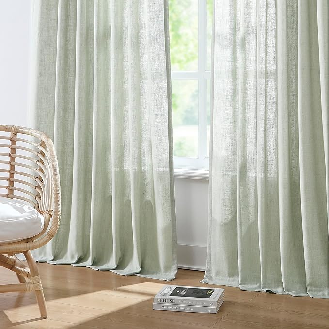 Vision Home Light Green Pinch Pleated Semi Sheer Curtains Textured Linen Blended Light Filtering Window Curtains 90 inch for Living Room Bedroom Patio Pinch Pleat Drapes with Hooks 1 Panel 60" Wx90 L