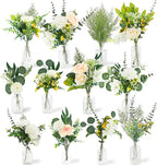 114Pcs Artificial Flowers in Vases Set, Fake Flower Greenery Stem Bulk Sets with 12Pcs Glass Bud Vases, Artificial Plants & Flowers for Wedding Centerpiece Table Decorations
